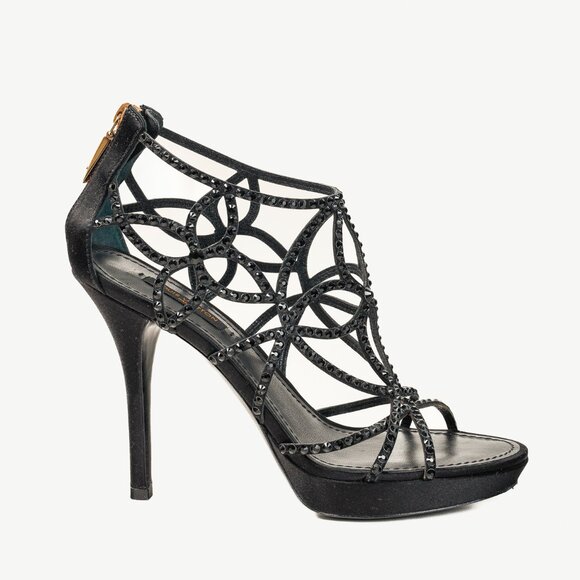 Louis Vuitton Tisha Crystal Studded Black Satin Cage Strap Heel Platform Sandal - Picture 1 of 10